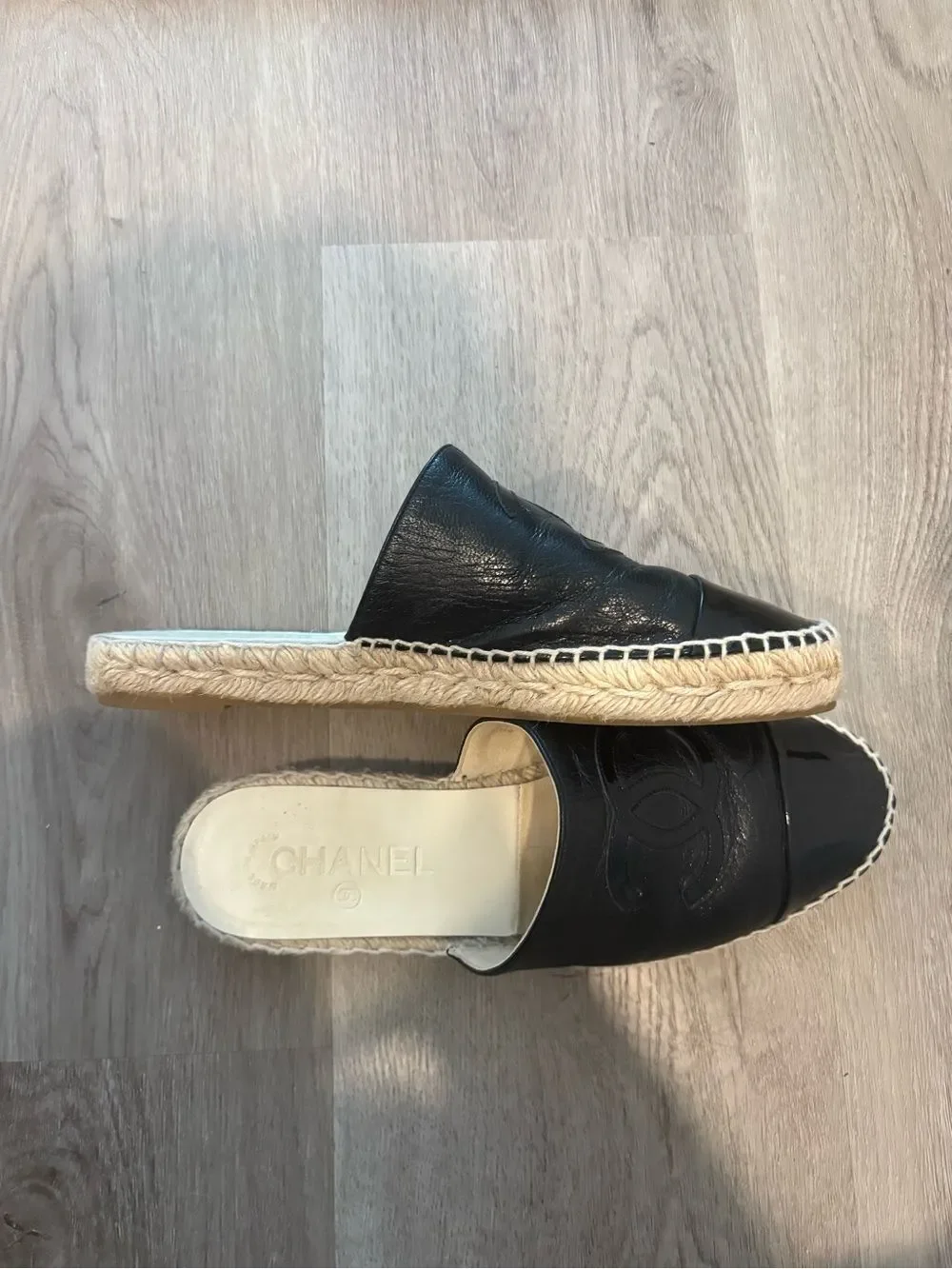 CHANEL Black Leather & Patent Espadrille Mule slide on